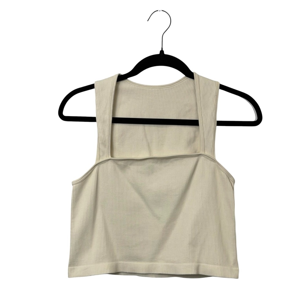 OQQ Cream Ribbed Square Neck Cropped Tank Top, XL